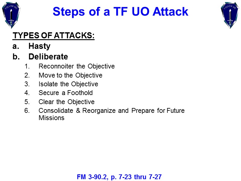 TYPES OF ATTACKS: Hasty Deliberate Reconnoiter the Objective Move to the Objective Isolate the